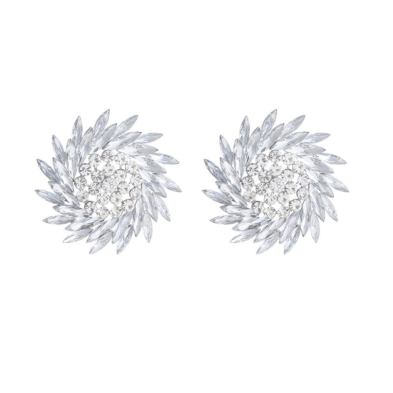 Designer Large White Rhinestone Sunflower Stud Earrings