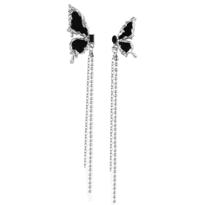 Designer Asymmetric Black Butterfly Tassel Stud Earring