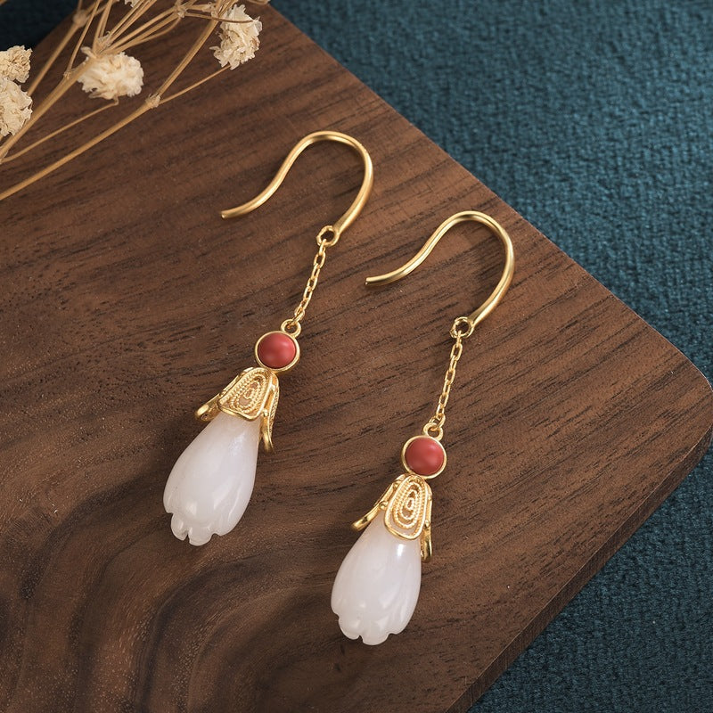 Elegant Floral Gold Plated and White Jade Drop Earring