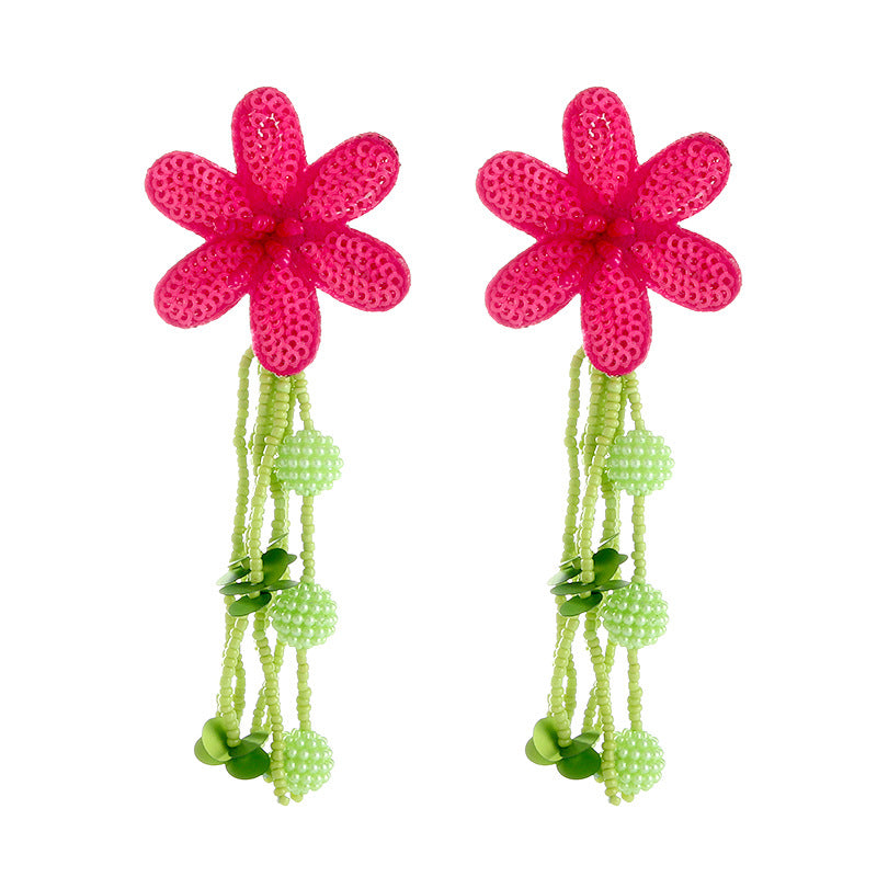 Cute Flower Long Beads Tassel Drop Earring