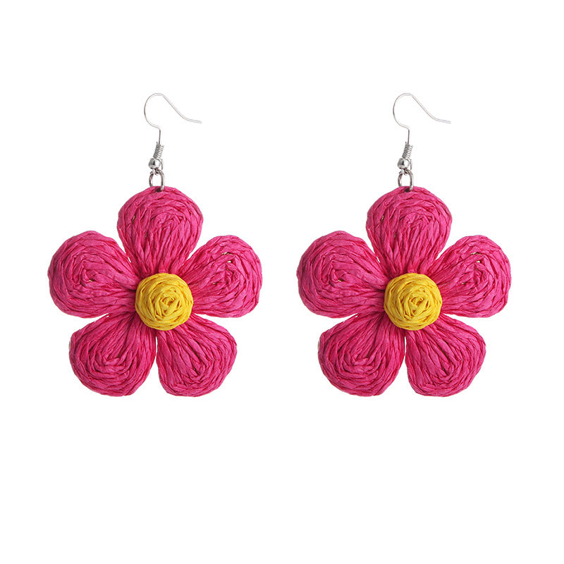 Raffia Flower Earrings Drop Dangle Handmade Women Party Jewelry Gifts