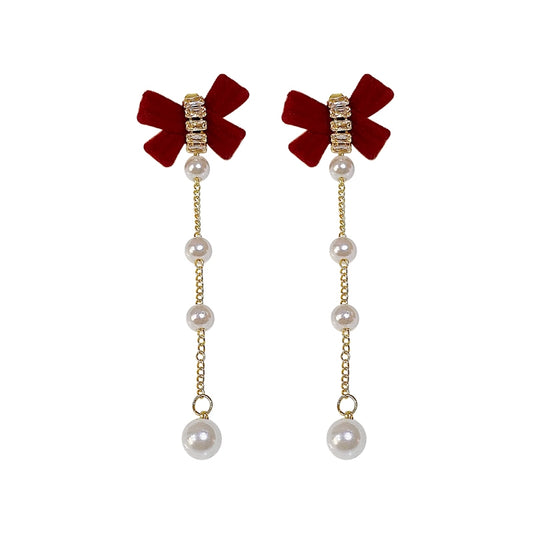 Sweet Women Velvet Bow Pearl Drop Earrings