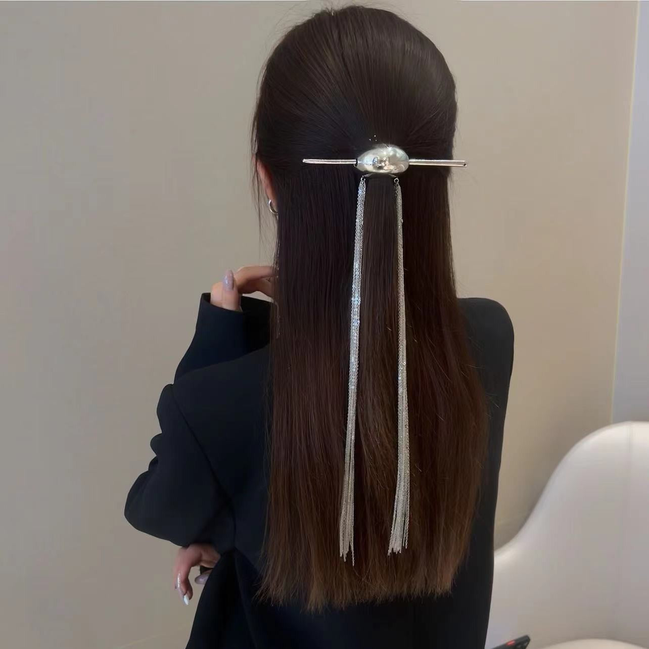 Chic Silver Long Tassel (removable）Metal Hairpin