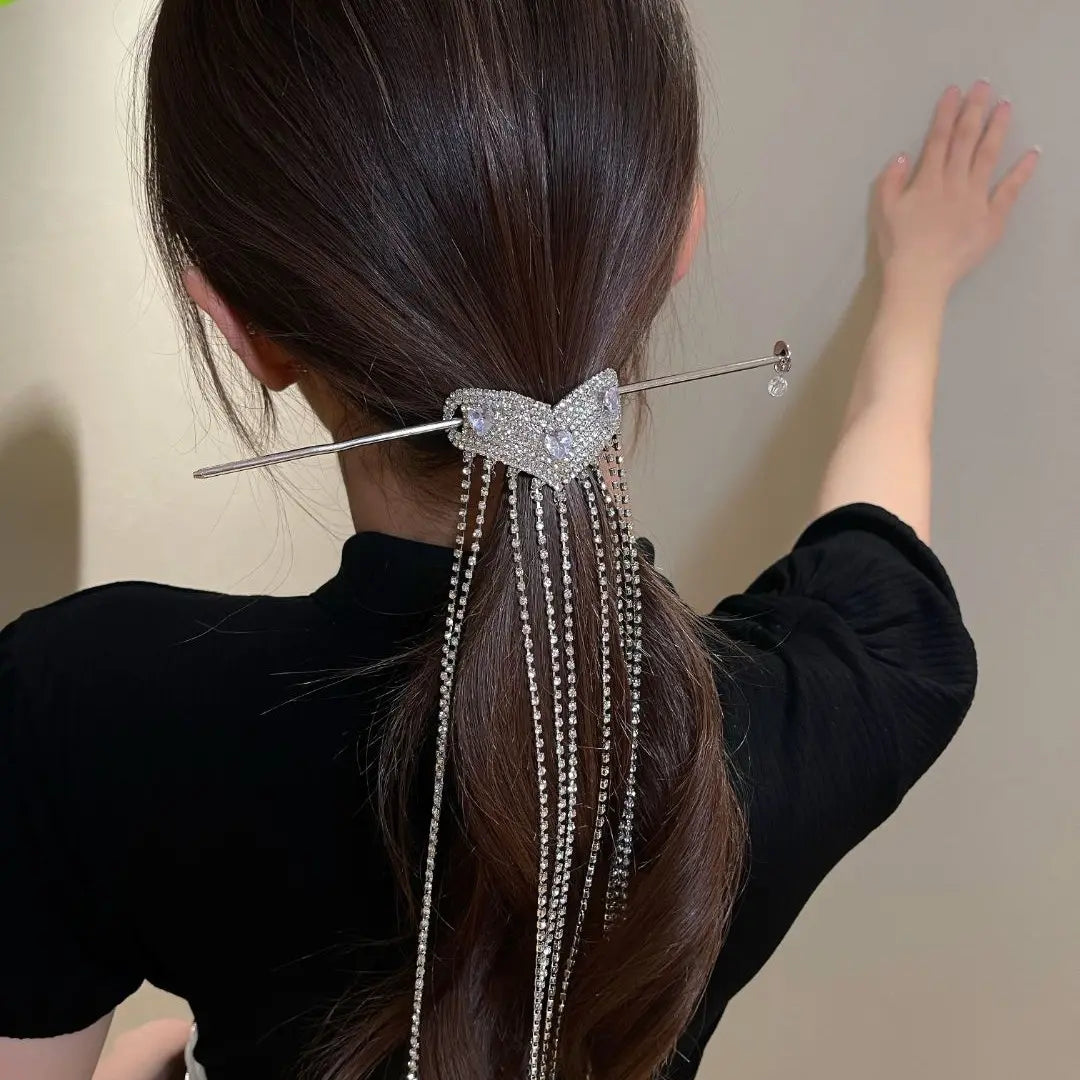 Bling Heart-shaped Long Tassel Rhinestone Hairpin