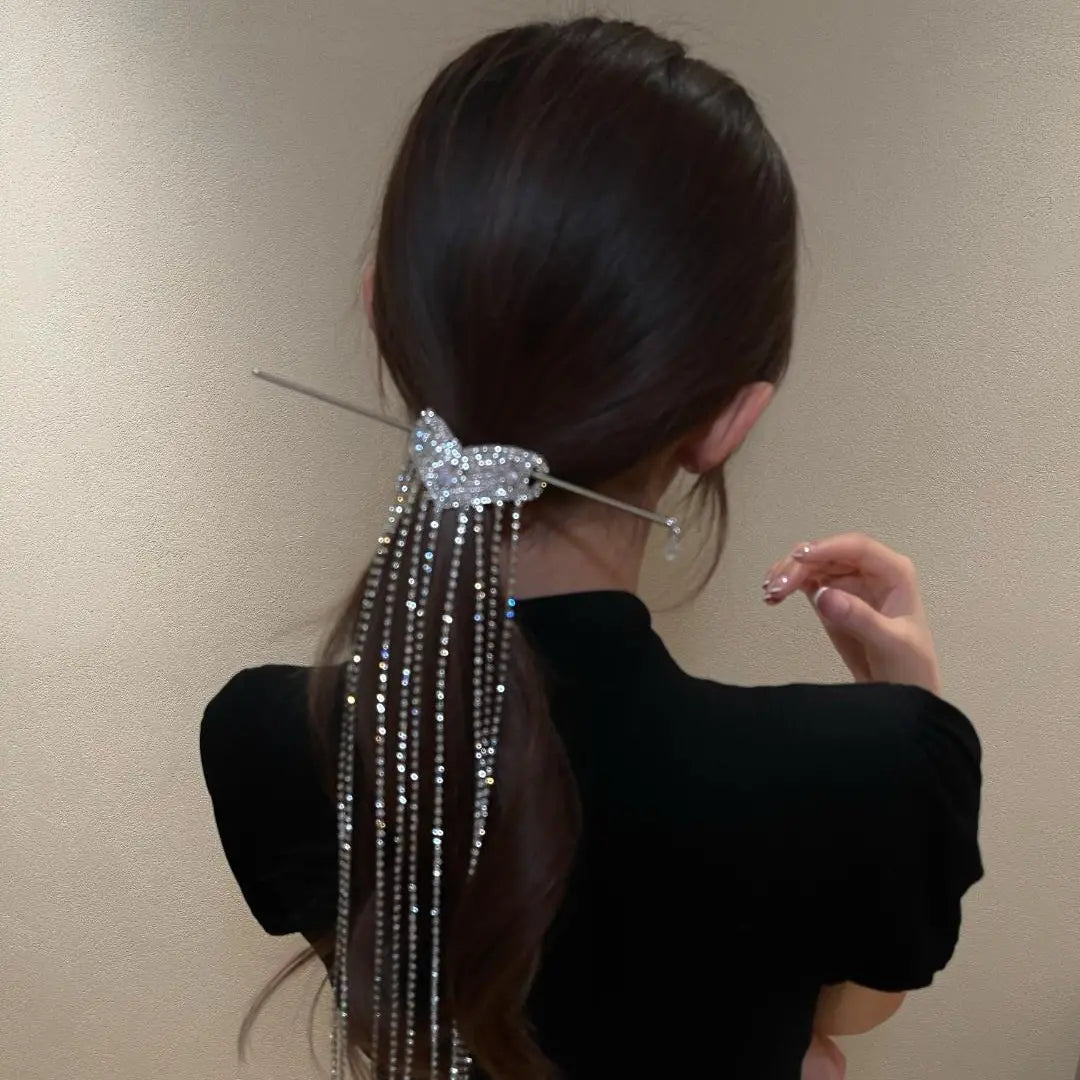 Bling Heart-shaped Long Tassel Rhinestone Hairpin